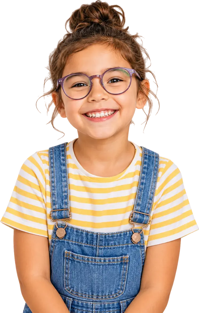 Une fille sourit, avec ses lunettes violettes.