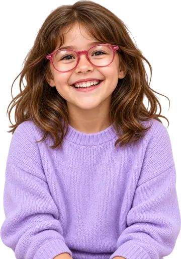 Une fille sourit, avec ses lunettes roses.