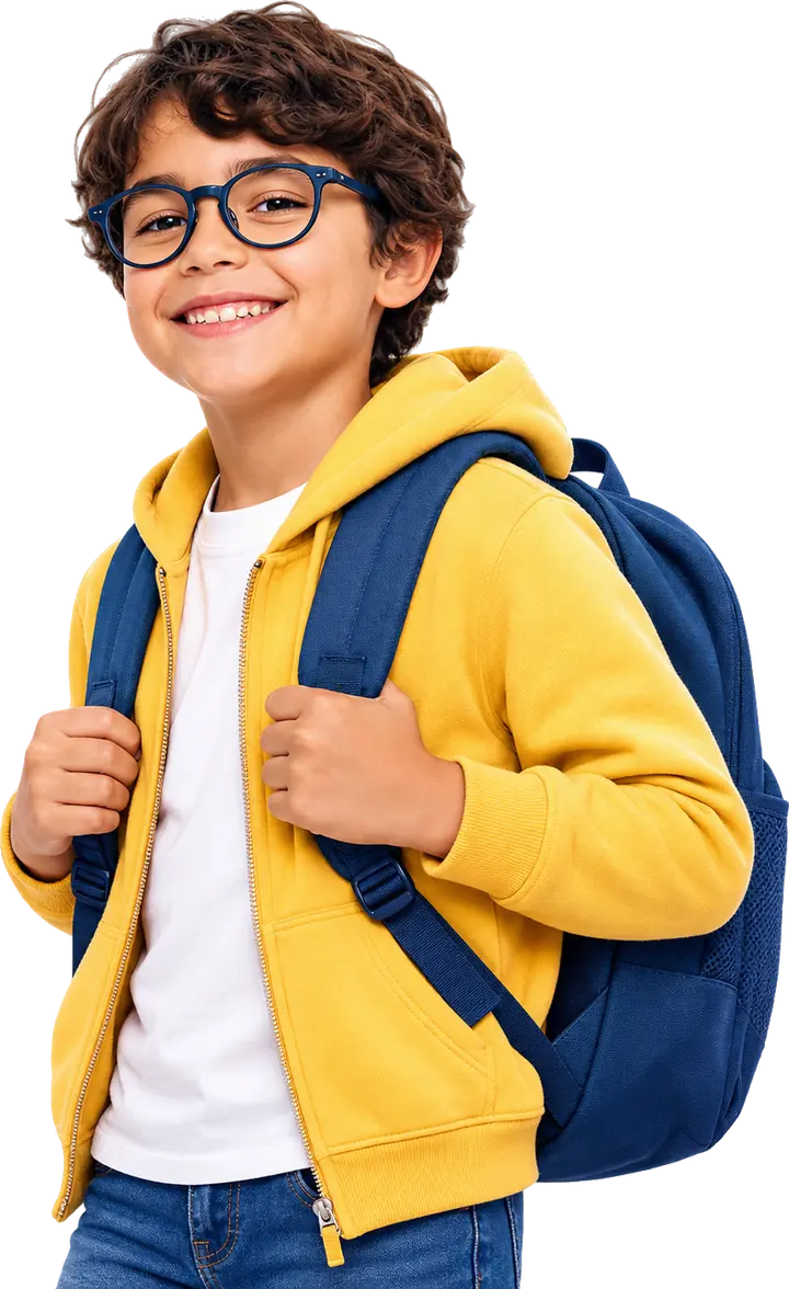 Un garçon avec son cartable sur le dos et ses lunettes bleues.