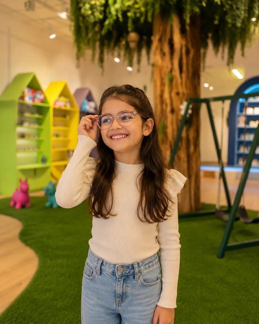 Une fille essaie une monture rose devant l'arbre et la pelouse de l'espace enfant.